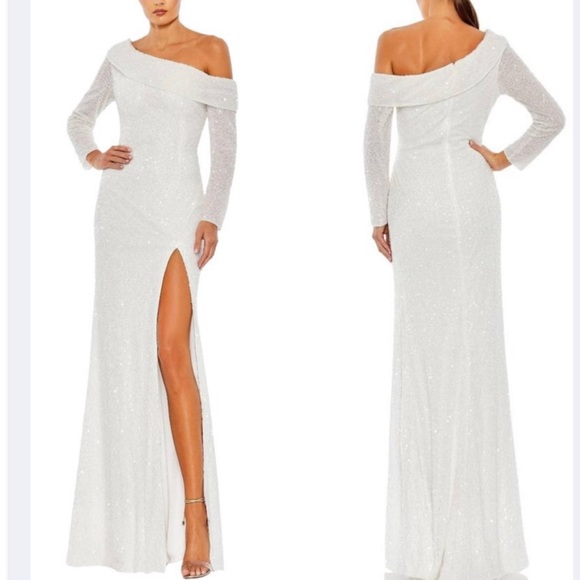Mac Duggar Metallic One-shoulder Sheath Evening Gown In White - Picture 1 of 13
